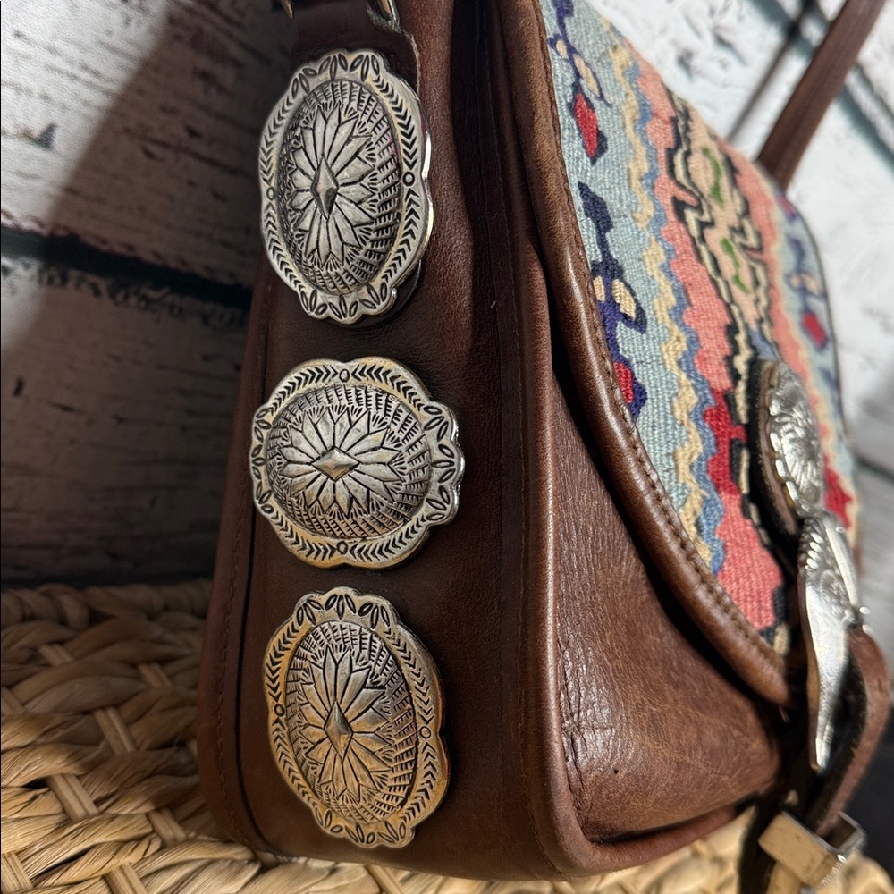 Handmade vintage western Aztec pattern Brown Leather Crossbody Bag with tapestry - Picture 5 of 14